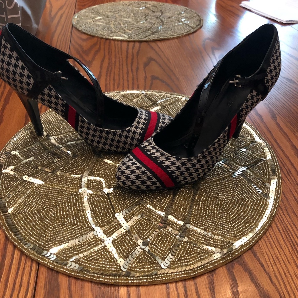 White and black checkered with red stripe heels